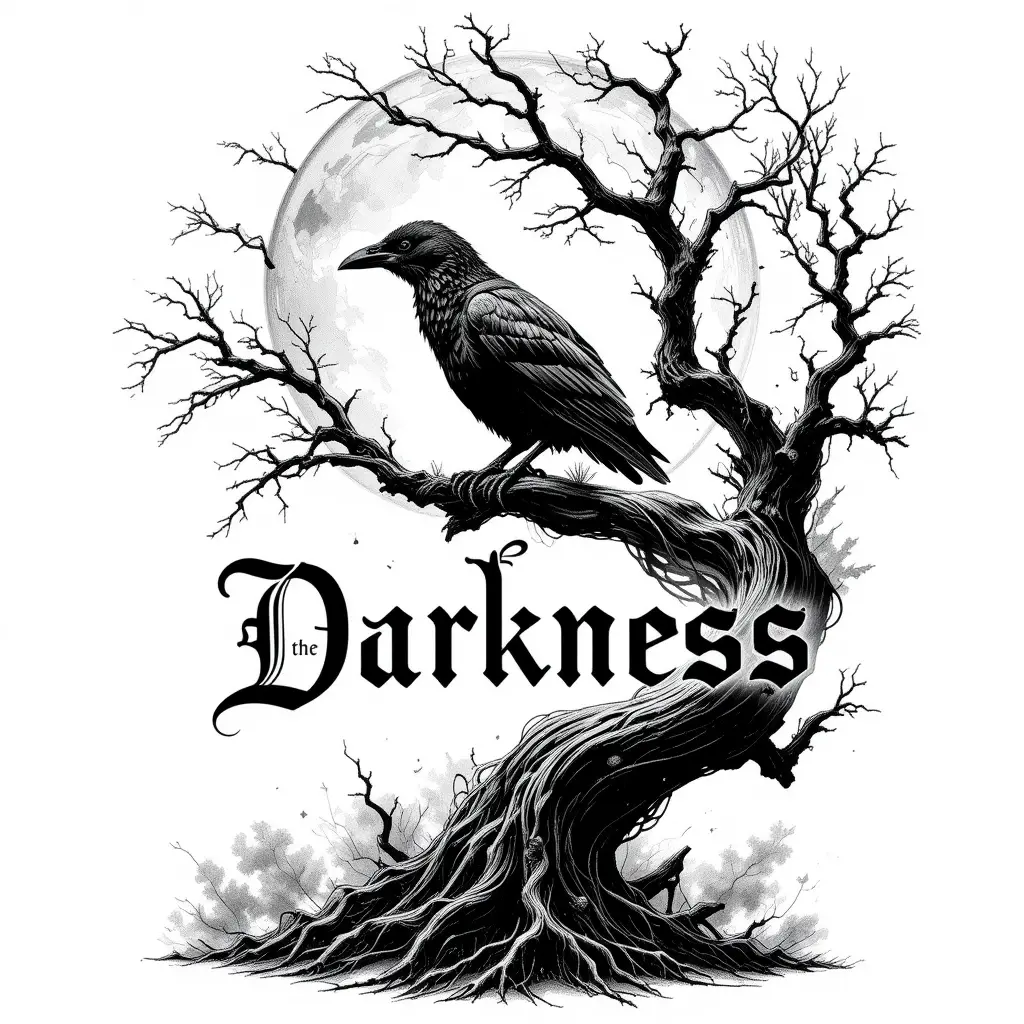 Raven On Twisted Tree Under Eerie Full Moon