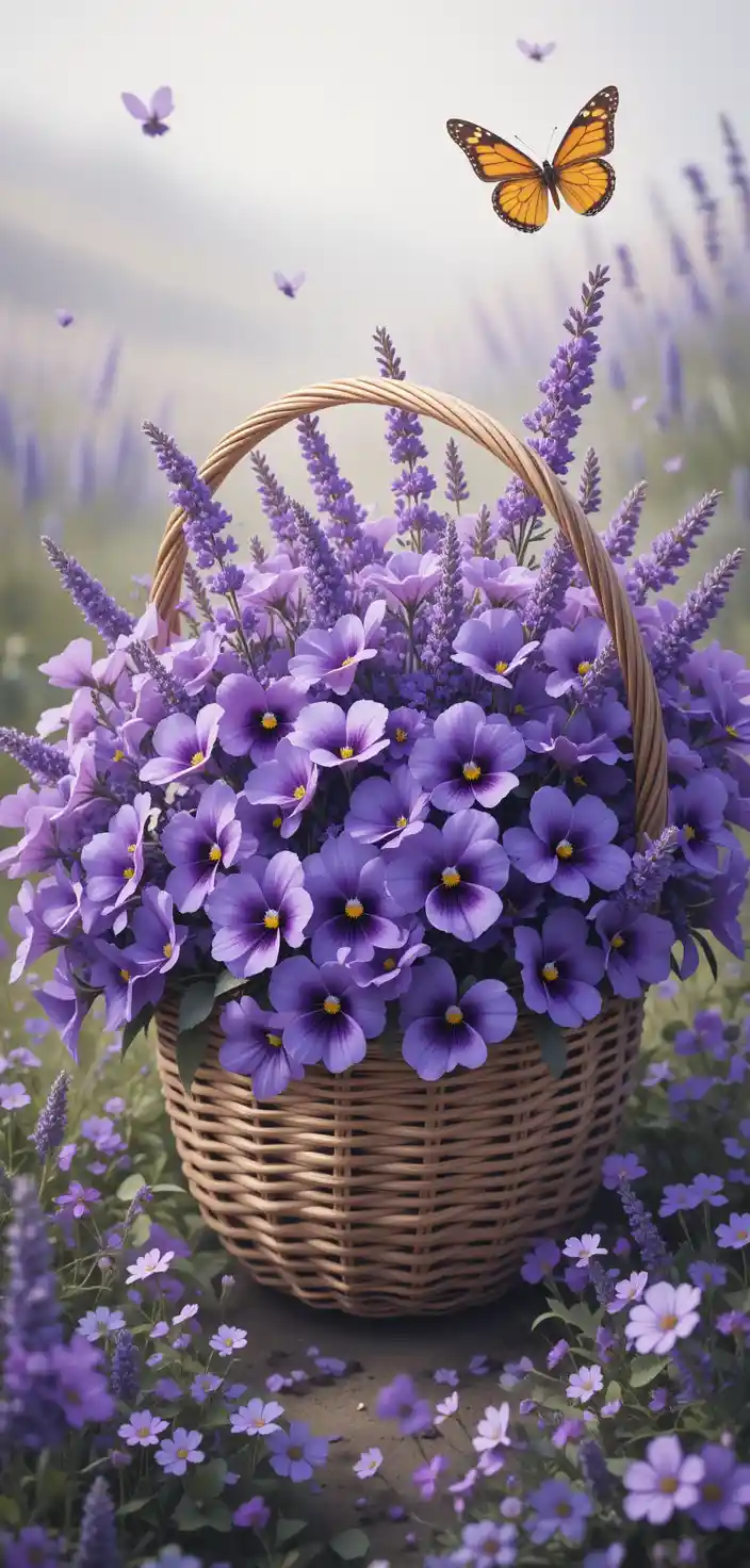 Wicker Basket Of Purple Flowers With Butterfly In Field