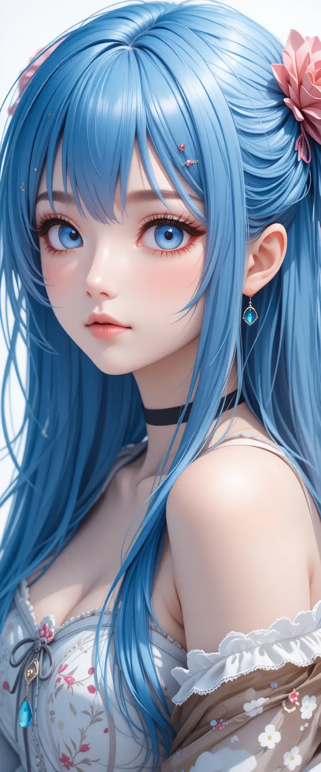 Anime-Mädchen-Porträt mit blauen Haaren und weichem Licht