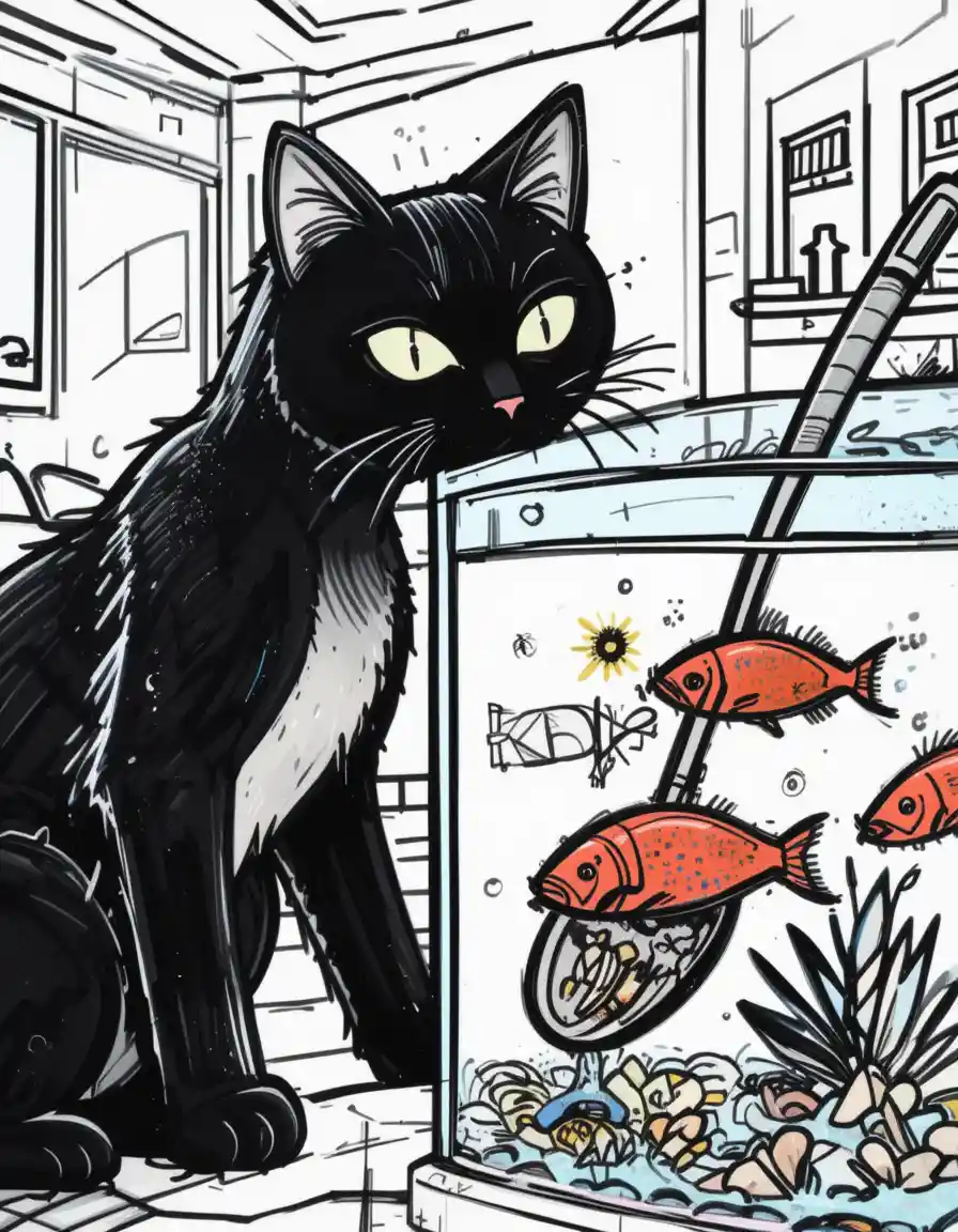 Black cat watching a fish tank in a colorful living room