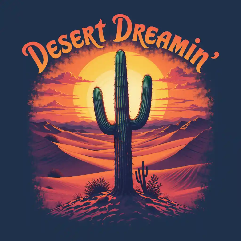 Design di T-Shirt Grafica con Cactus e Tramonto nel Deserto