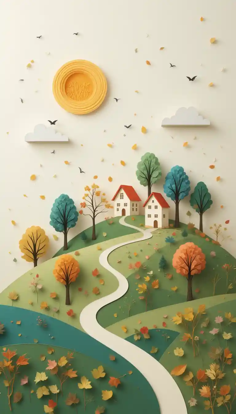 Dreamy 3D spring hillside with minimalist houses and trees