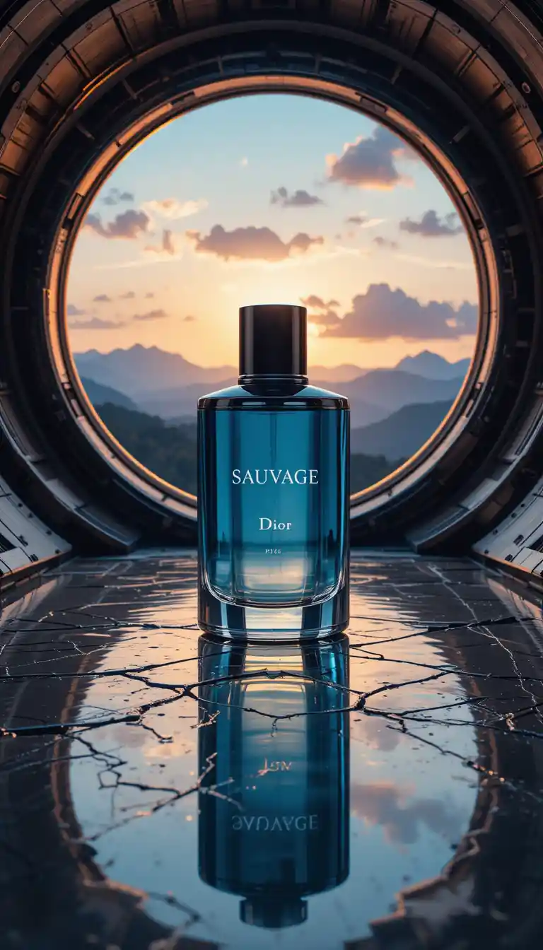 Luxury perfume bottle against futuristic industrial wood backdrop