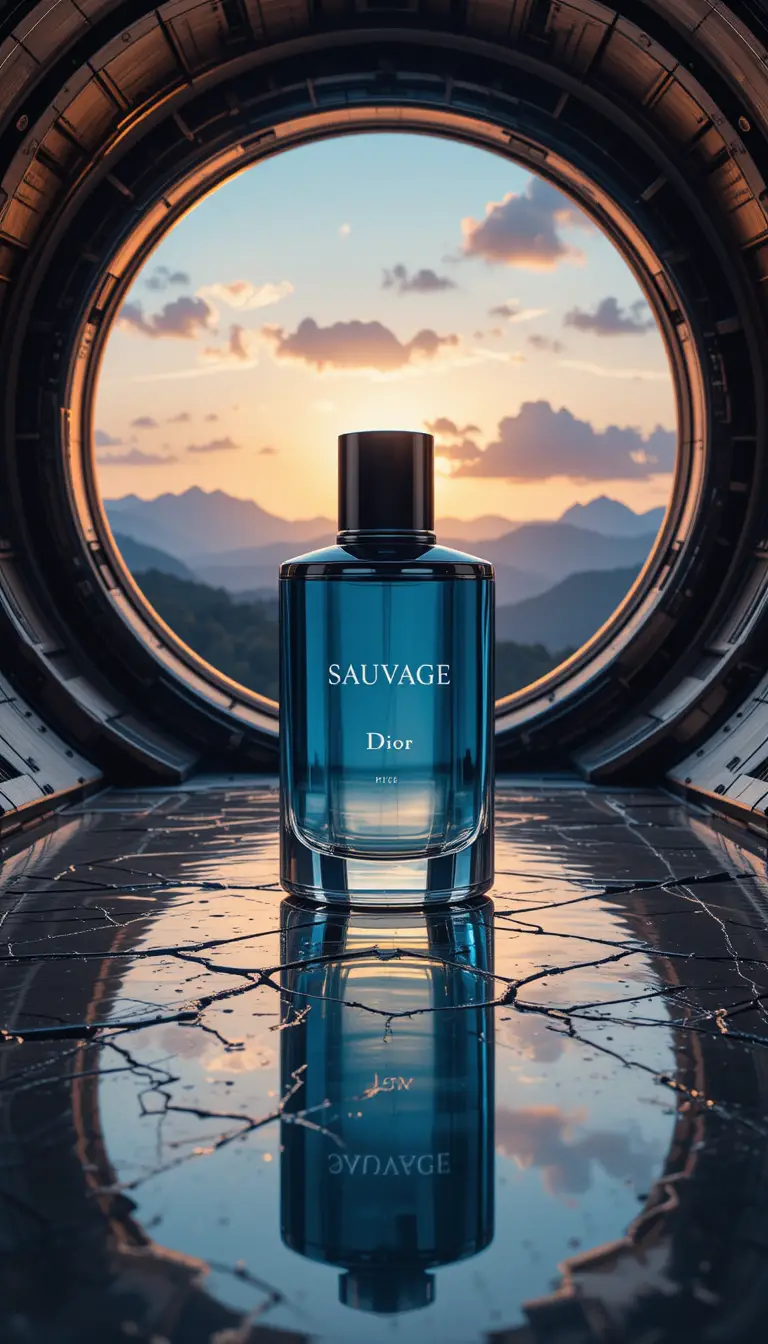 Luxury perfume bottle against futuristic industrial wood backdrop