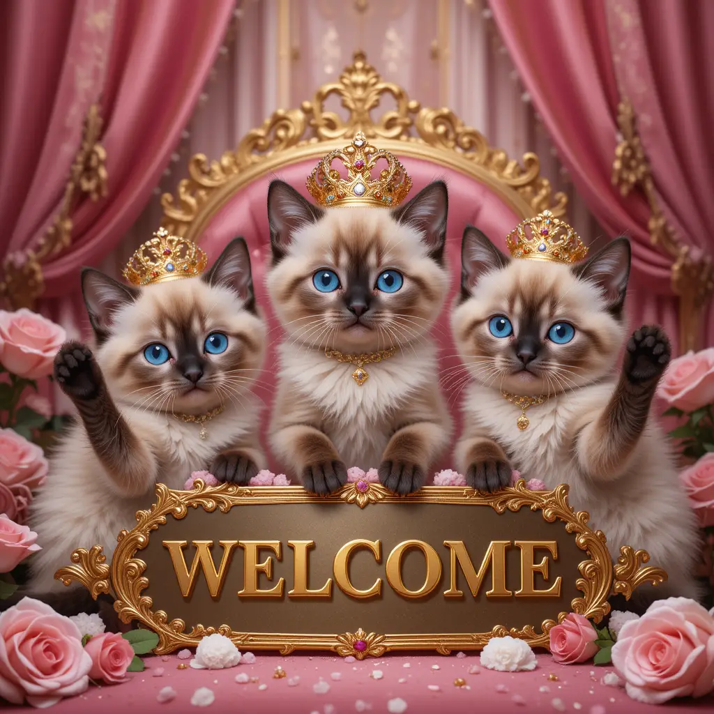 Royal Siamese kittens around a golden welcome sign