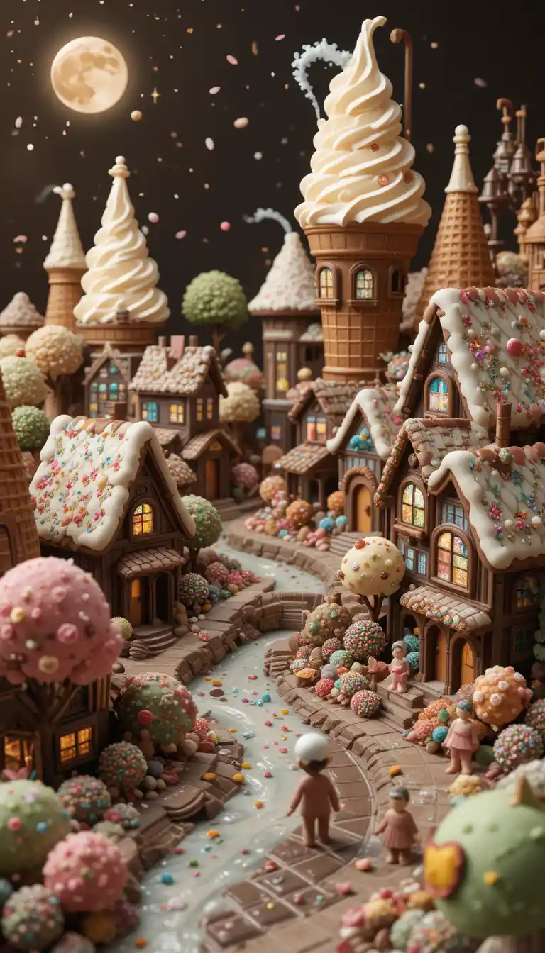 Whimsical ice cream city with waffle cone buildings