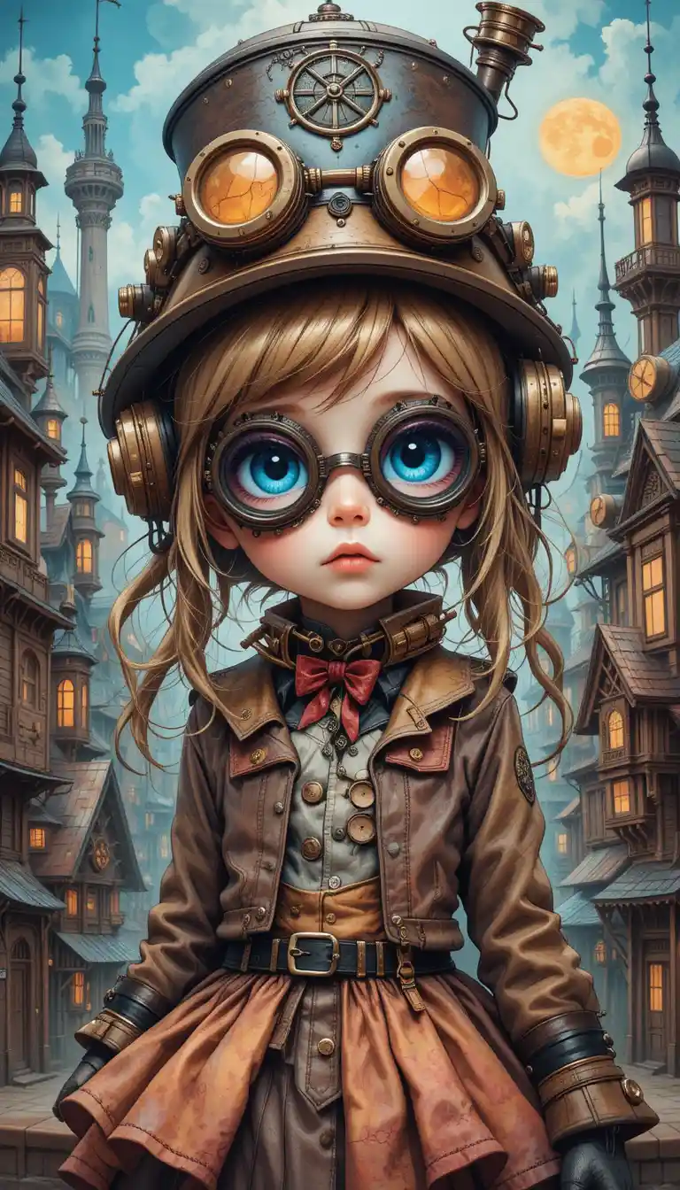 Cute steampunk girl in goggles in a fantasy city