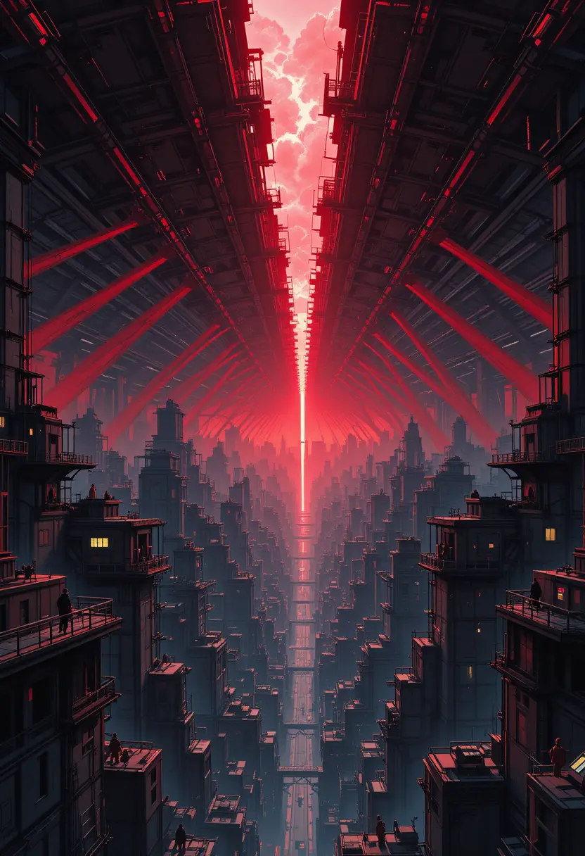 Massive mechanical roof above a dystopian futuristic city