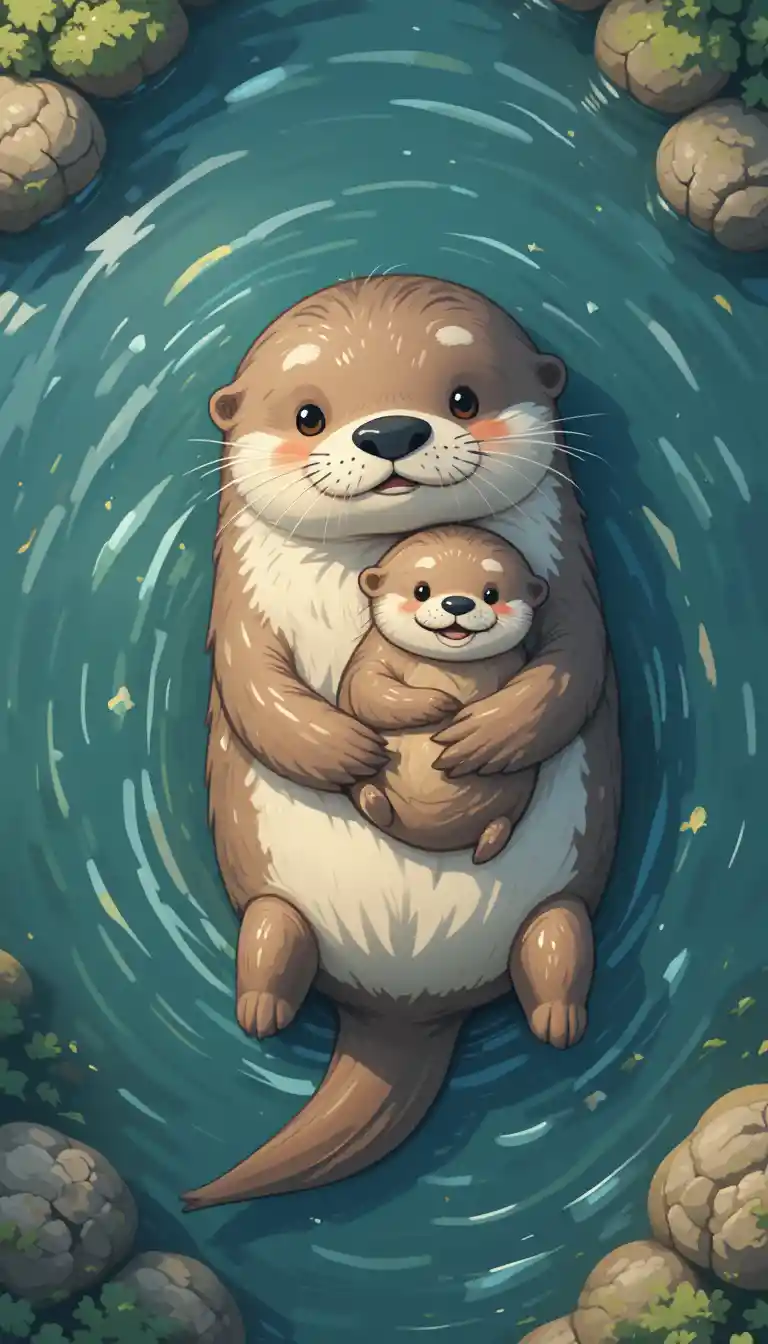 Mother and baby sea otter cuddling on calm water