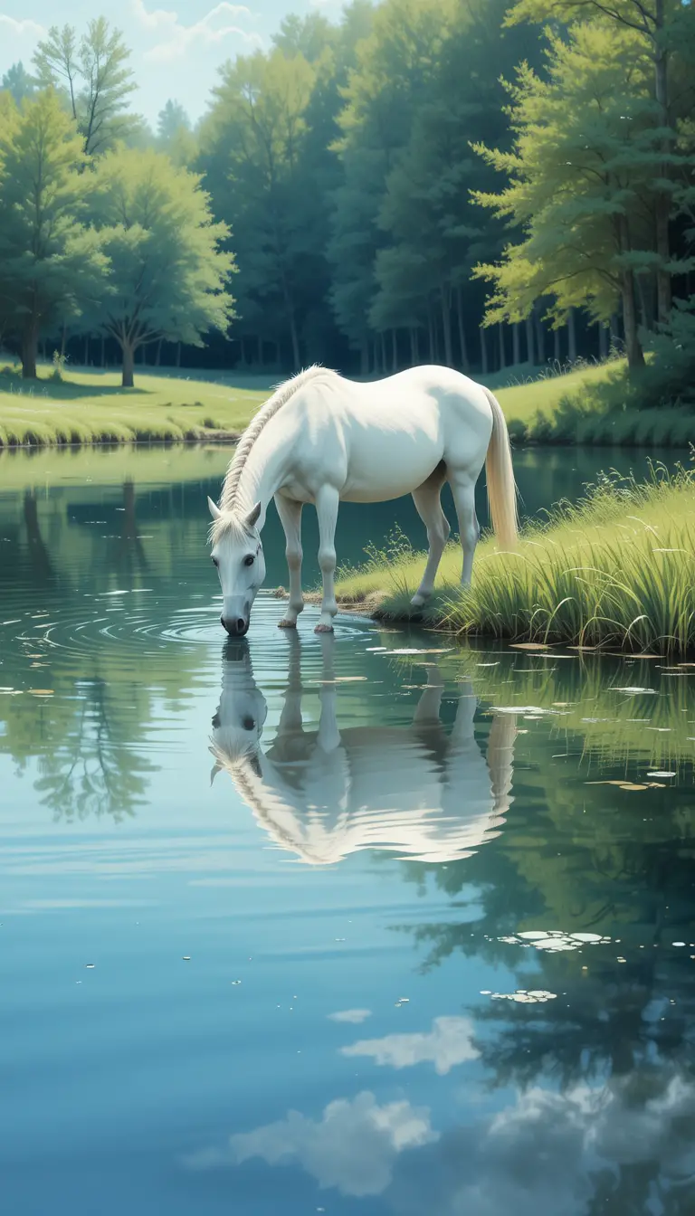 White horse drinking by a calm reflective lakeside