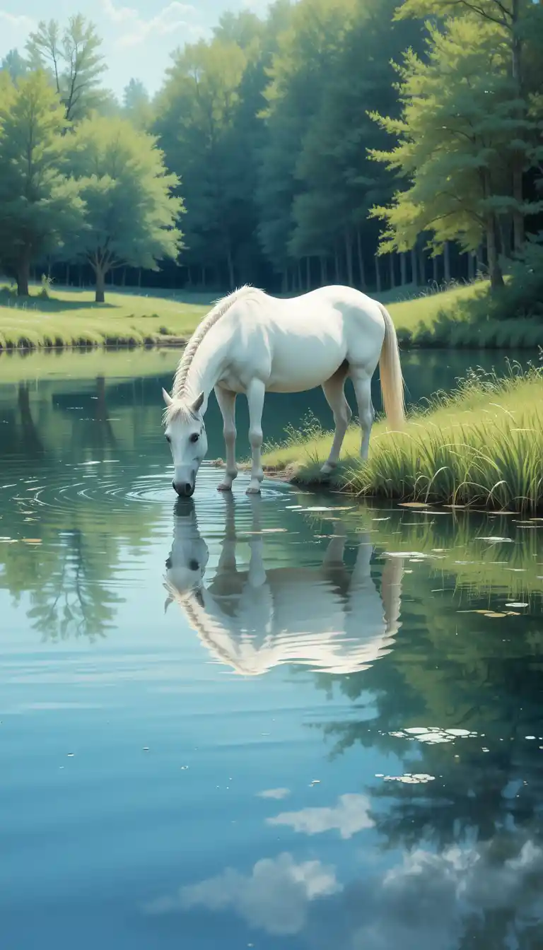 White horse drinking by a calm reflective lakeside