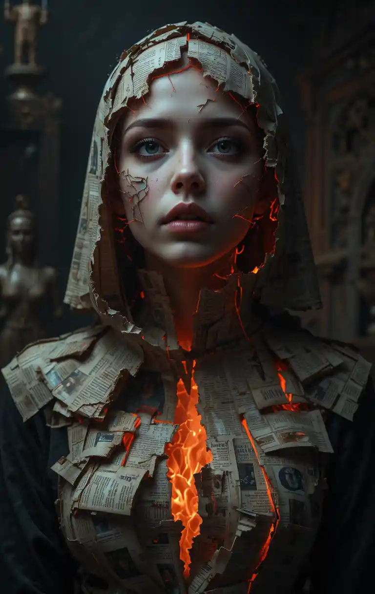 Surreal close up of a woman made of torn newspapers
