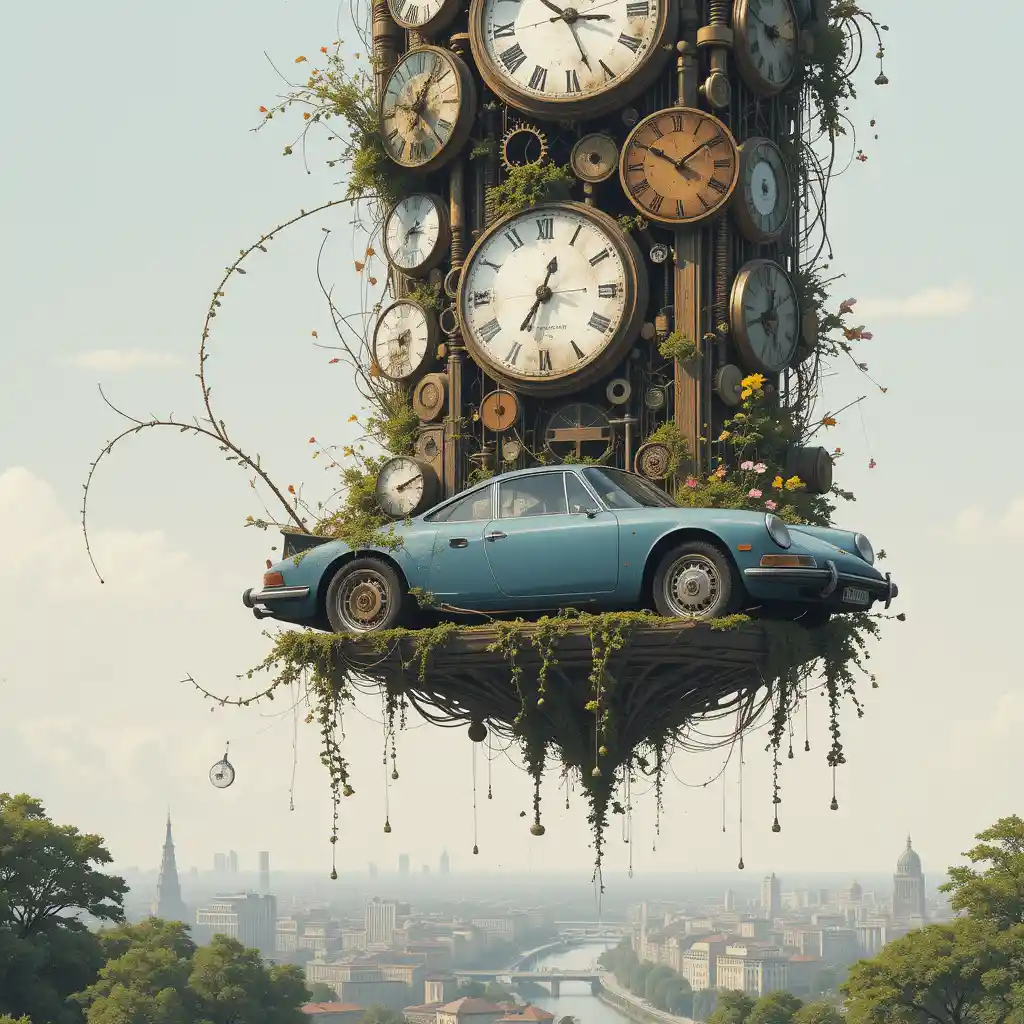 Surreal vintage car hanging from inverted clockwork tower