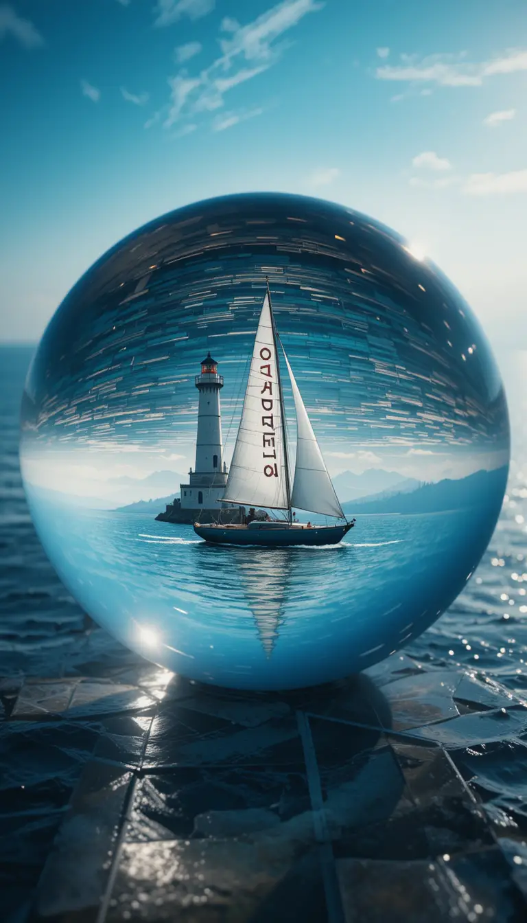 Lighthouse And Sailboat Reflected In Crystal Ocean Sphere