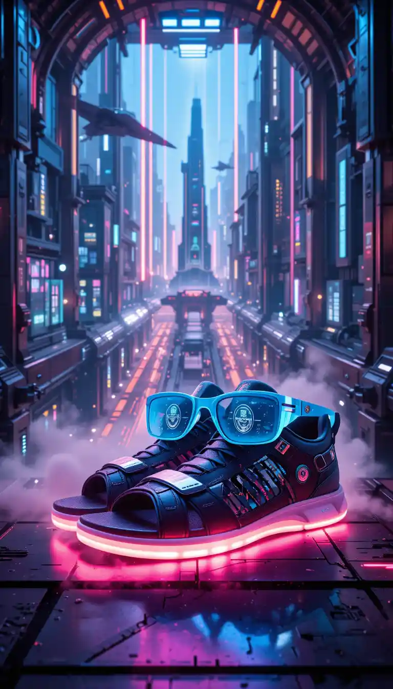 Futuristic sandals and sunglasses above neon sci fi city