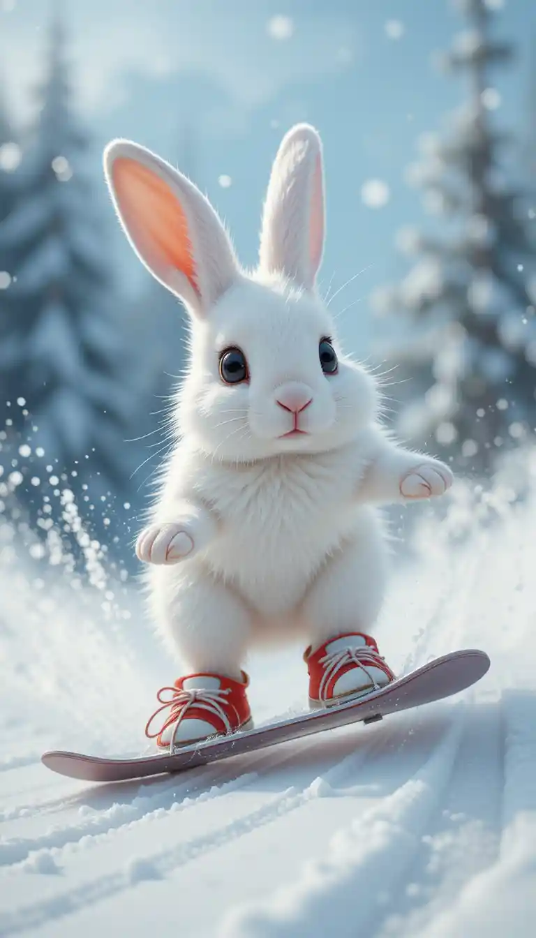 Cute white rabbit snowboarding in red sneakers