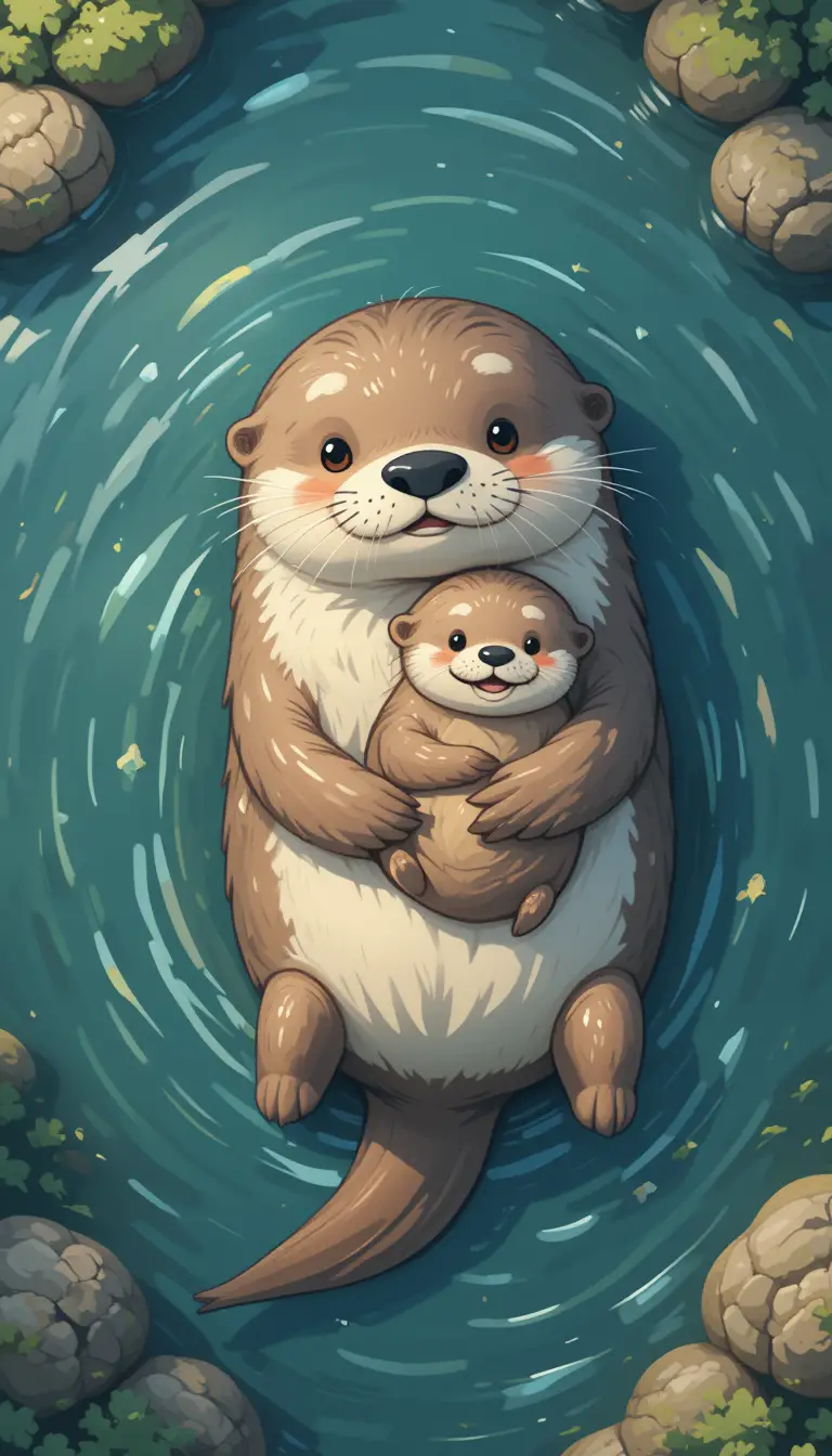 Mother and baby sea otter cuddling on calm water