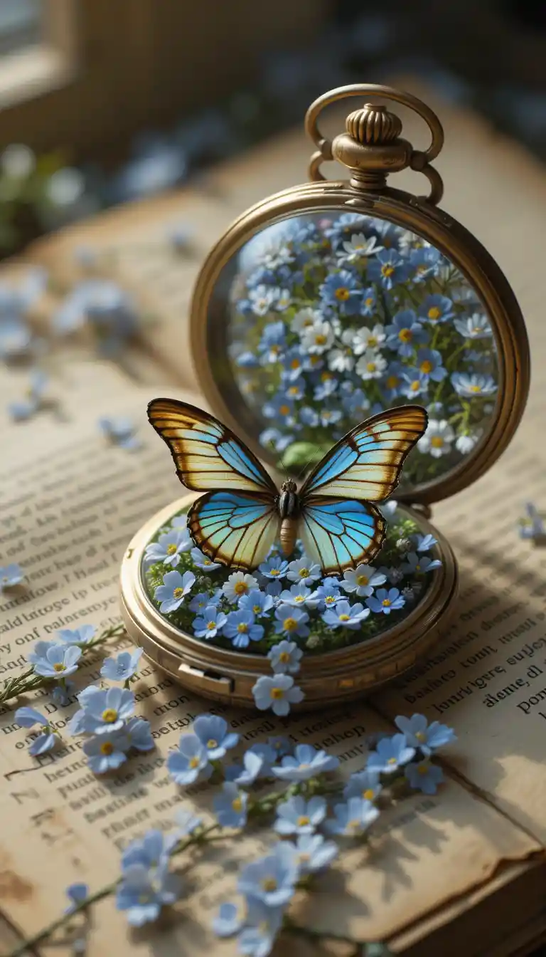 Open pocket watch with butterflies over rumi manuscript