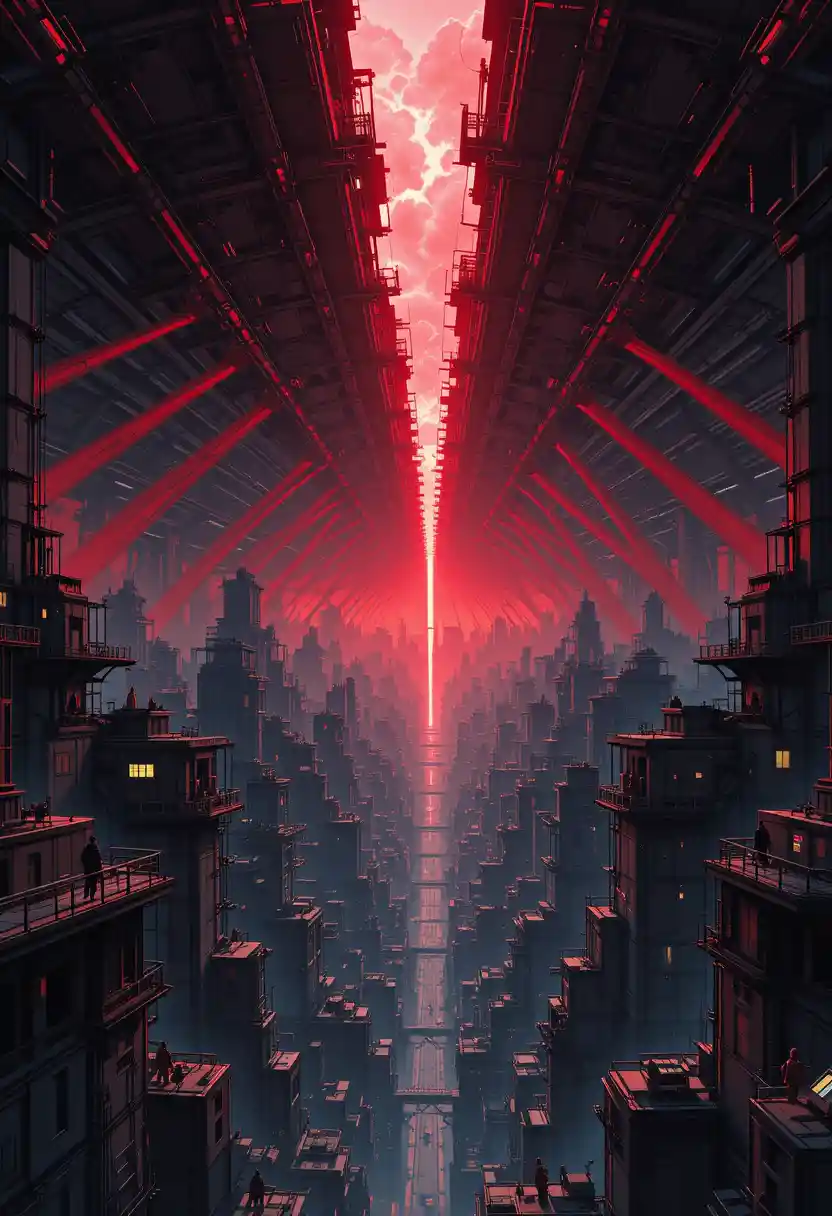 Massive mechanical roof above a dystopian futuristic city
