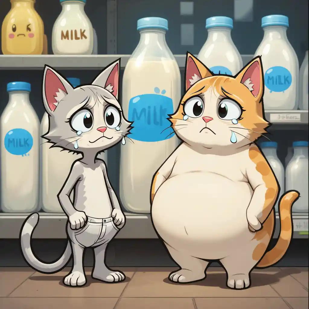 Two cartoon cats sadly staring at milk on a shelf