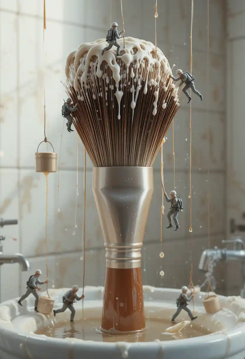 Primer plano surrealista de una brocha de maquillaje como una torre alta