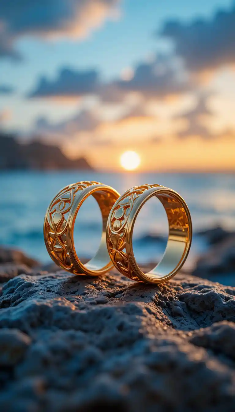 Close up gold rings on rock by the sea at sunset