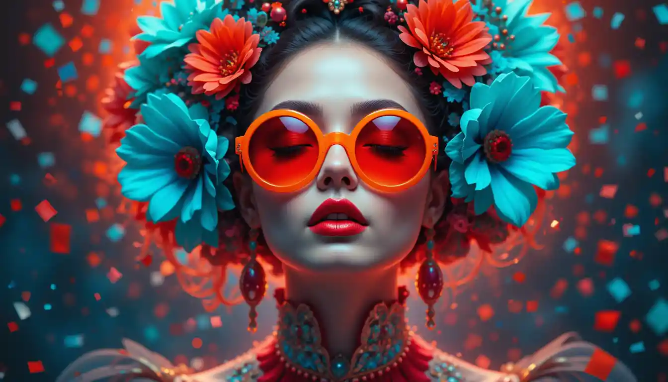 Geheimnisvolle Frau mit Blumen und orangefarbener Sonnenbrille – Porträt