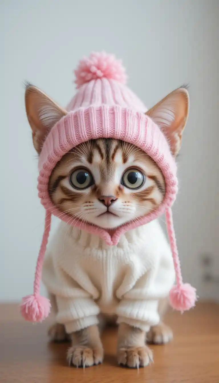 Cute cat in pink hat on table in white room