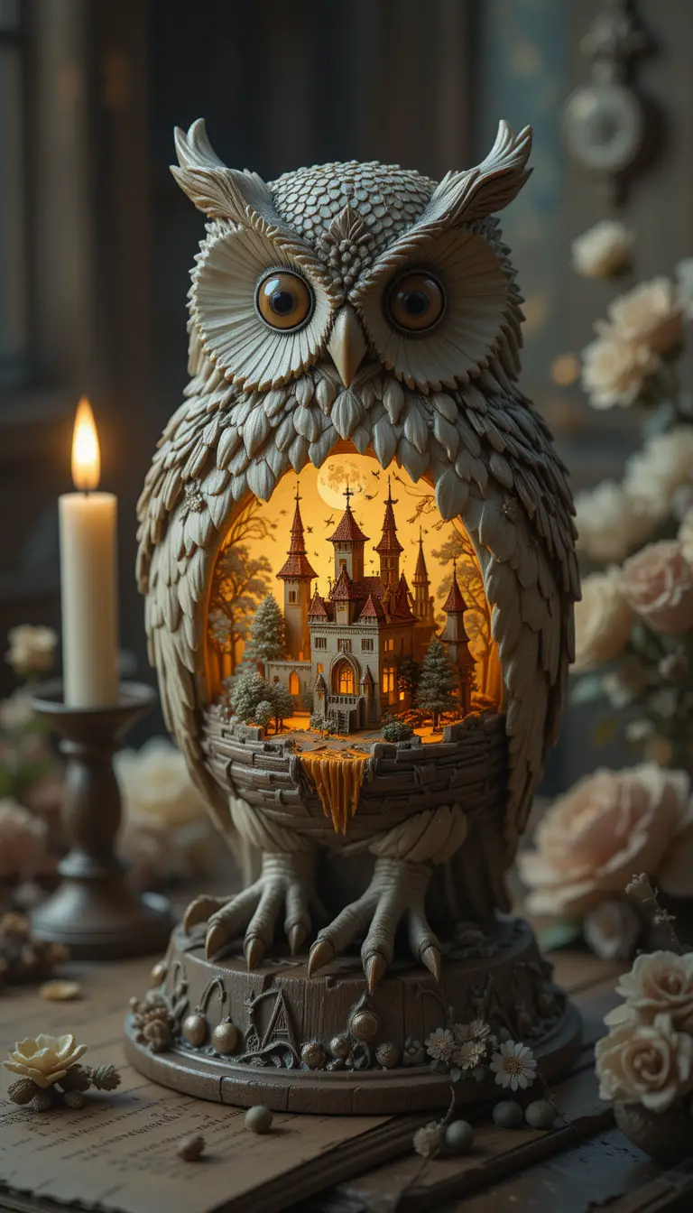 Close up owl sculpture with candle on wooden table