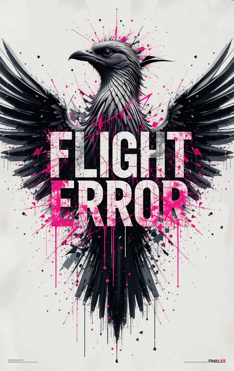 Abstract bird poster with glitch typography and logo