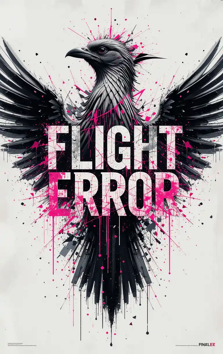 Abstract bird poster with glitch typography and logo