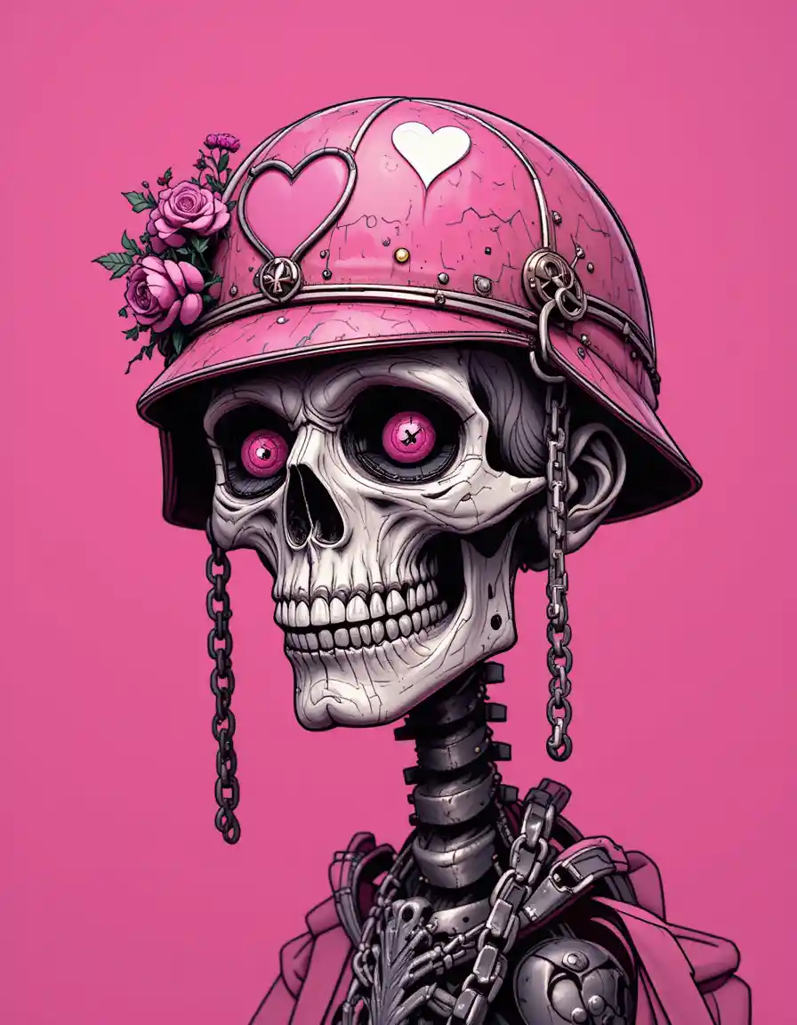 Cartoon skull with flowers and pink heart helmet