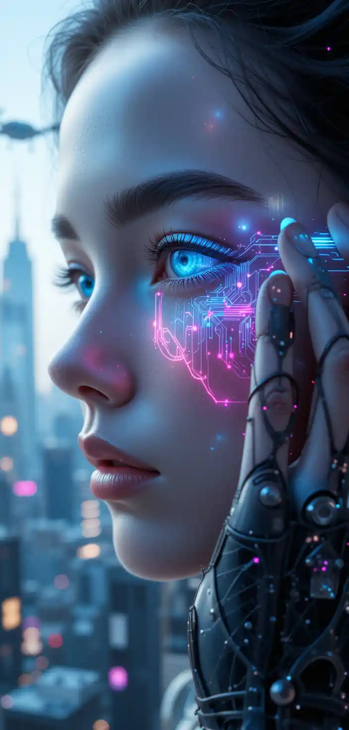 Androïde féminine tenant une puce de données néon dans une ville futuriste