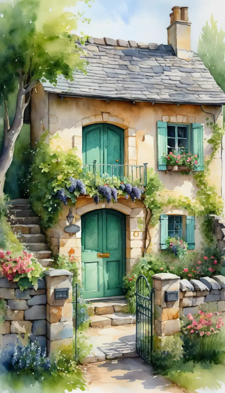 Watercolor stone cottage with flowers and greenery