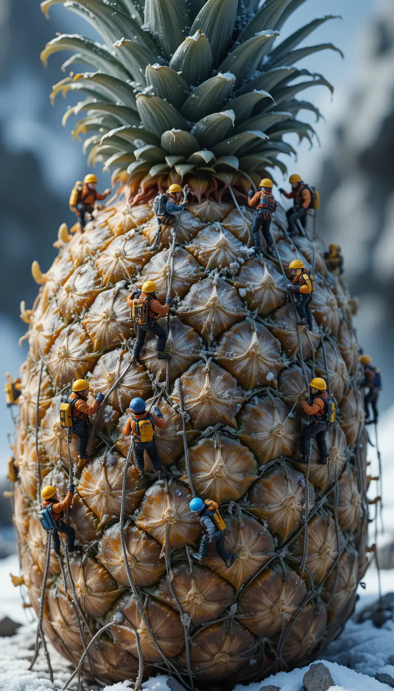 Piccoli scalatori che risalgono la superficie di un enorme ananas