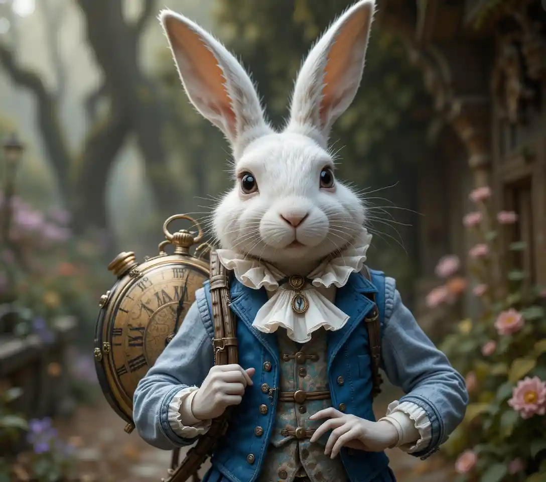 White rabbit in blue waistcoat with pocket watch