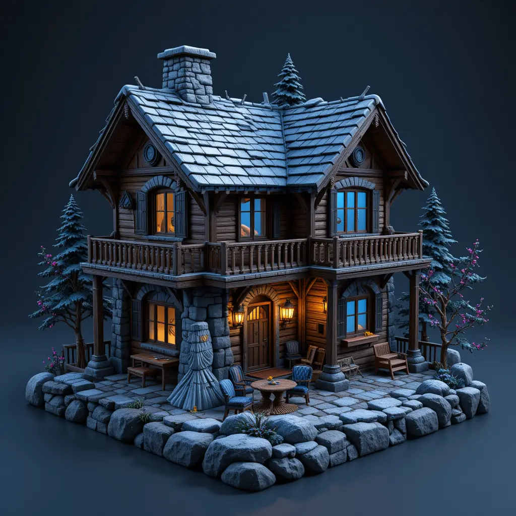 Isometric 3d cabin diorama with interior and exterior view