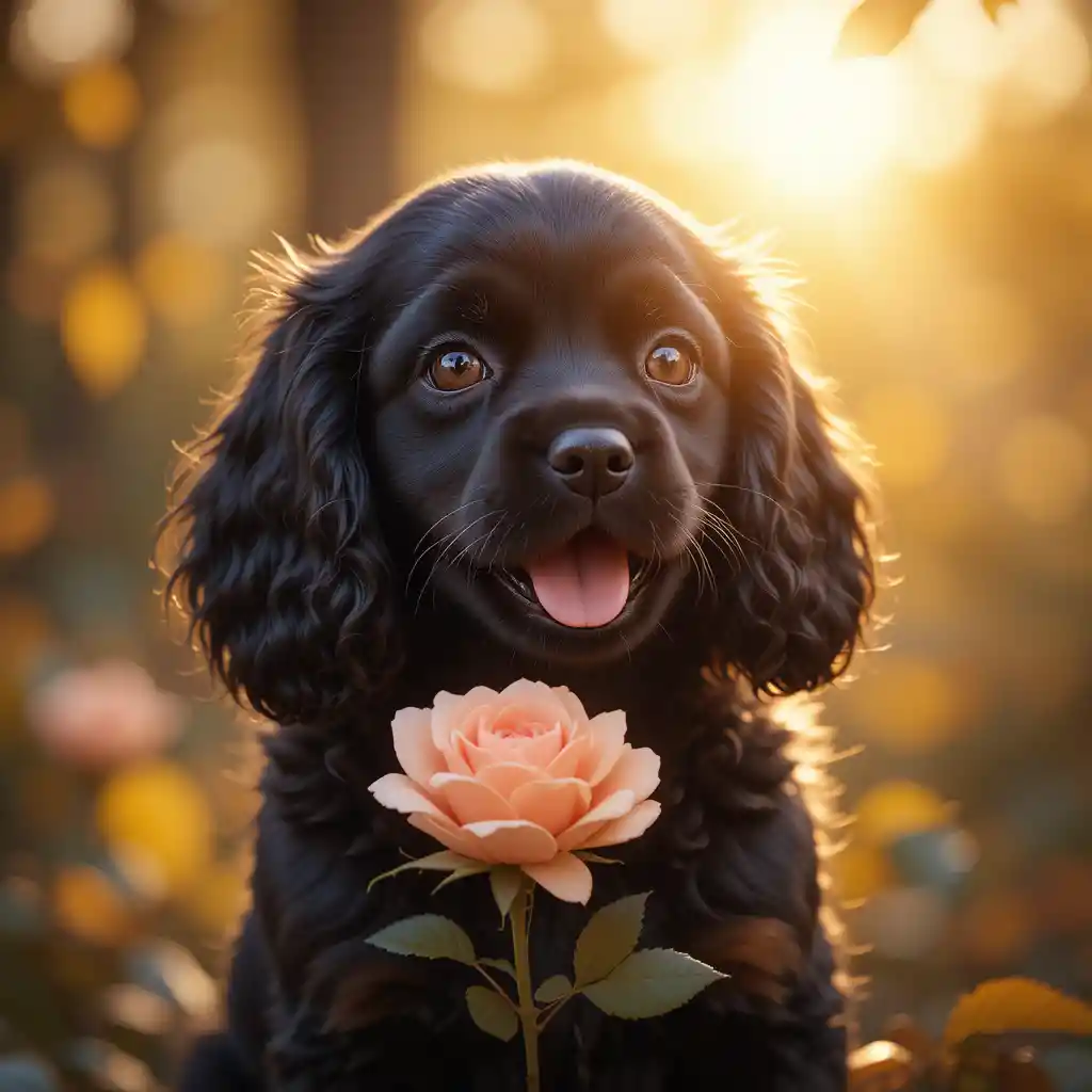 Black cocker spaniel puppy with rose at golden hour