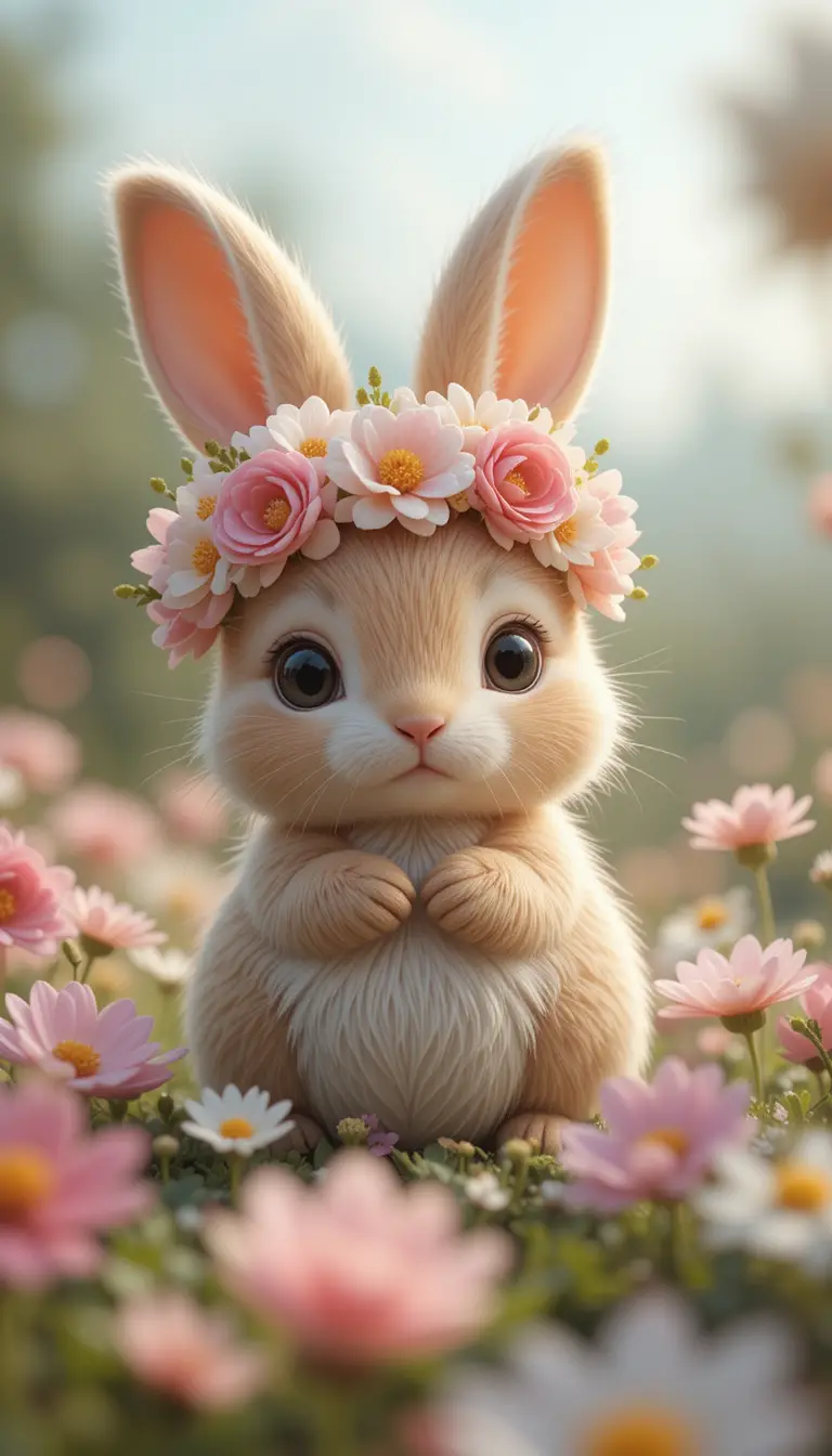 Cute rabbit with flower crown in a colorful flower field