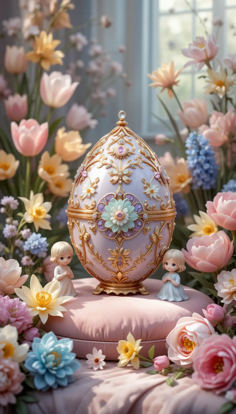 Decorative Faberge Easter Egg On Pink Velvet Cushion