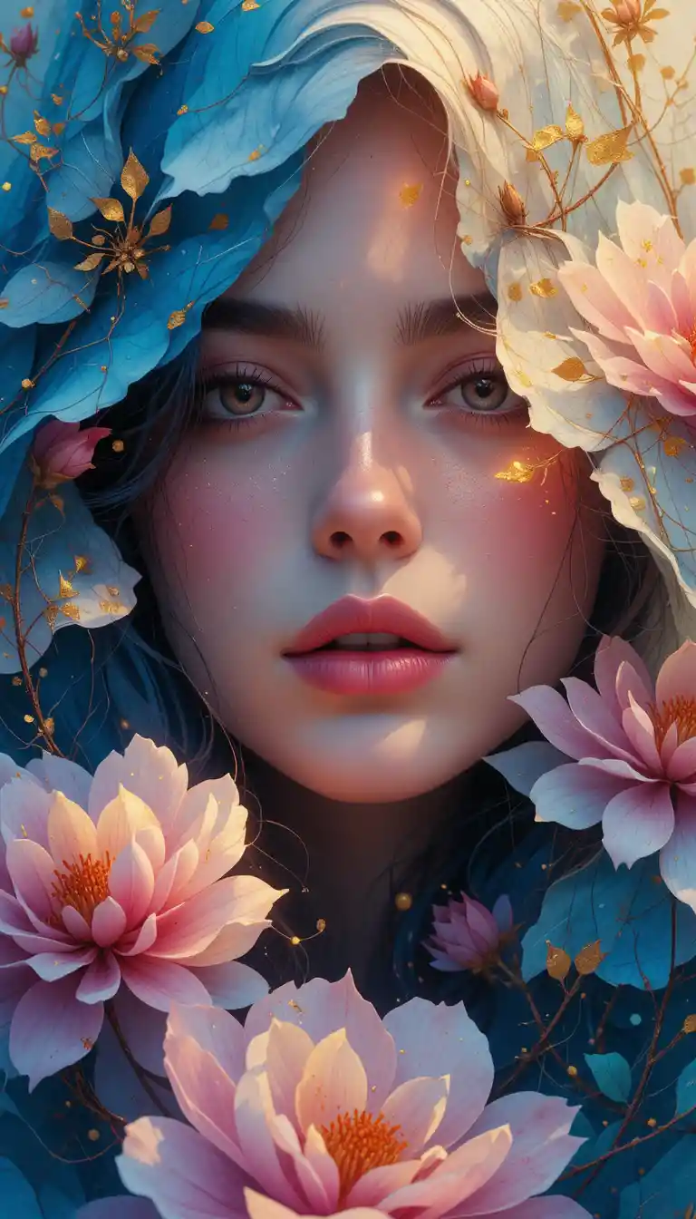 Expressive abstract portrait of a woman with camellia flowers