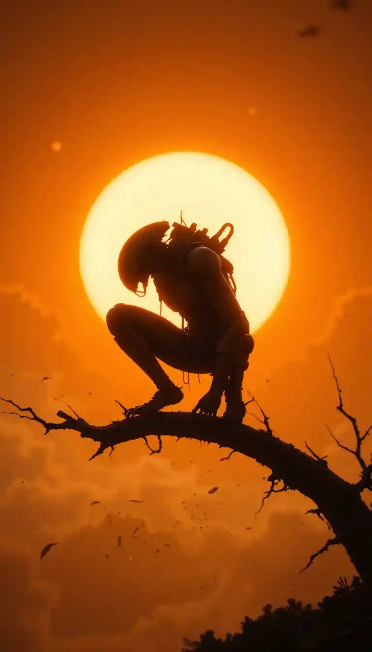 Alien silhouette on metallic branch against glowing sun