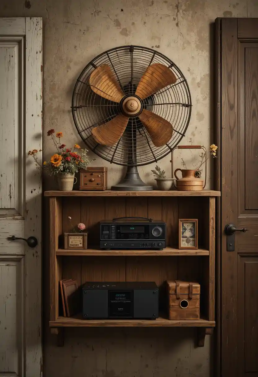 Rustic shelf still life with vintage fan and radio