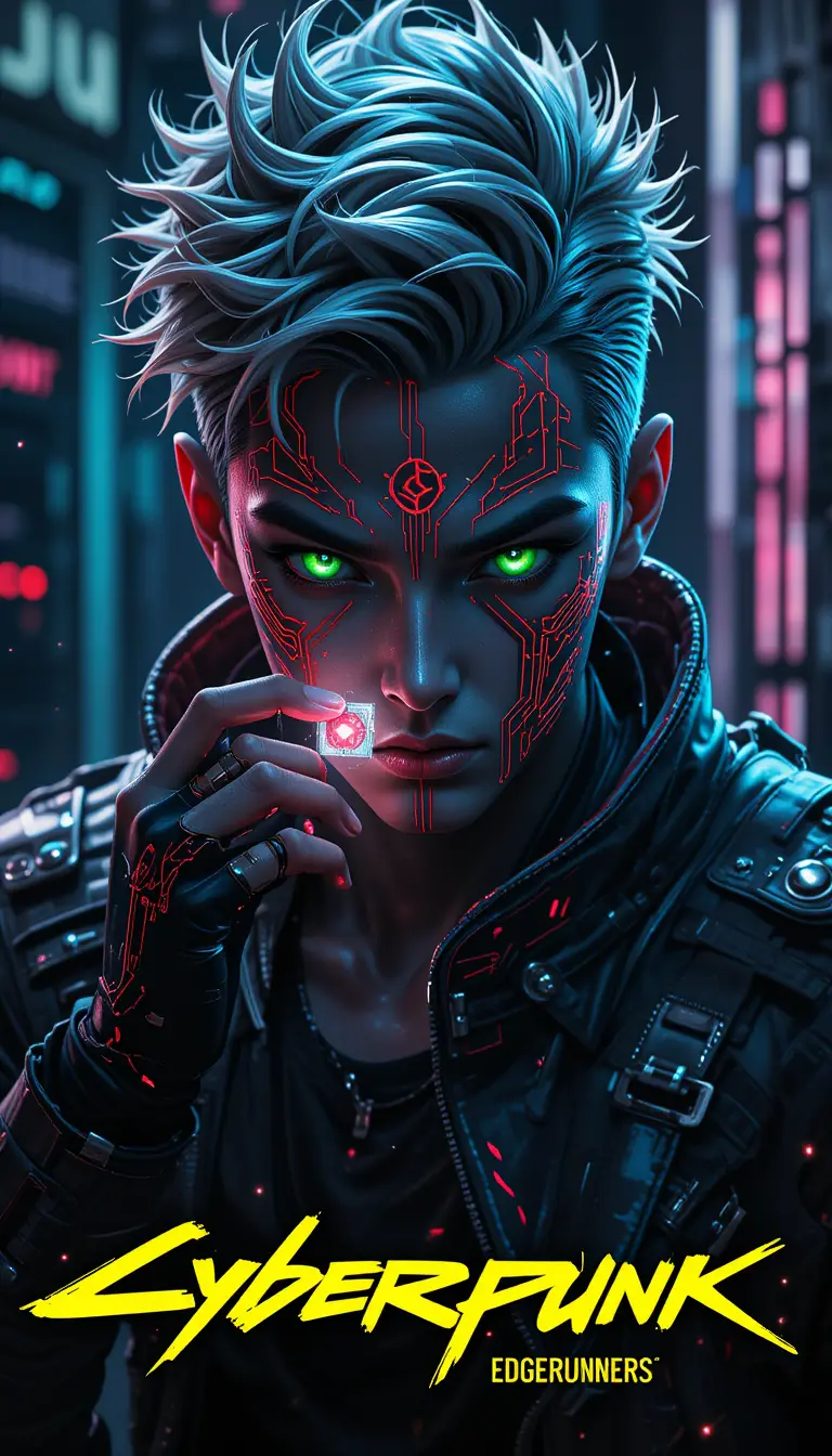Cyberpunk rogue inserting glowing data chip into implant