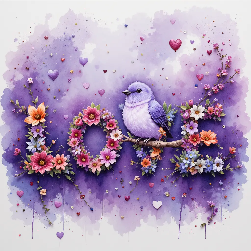 Love lettering with lavender bird and floral watercolor