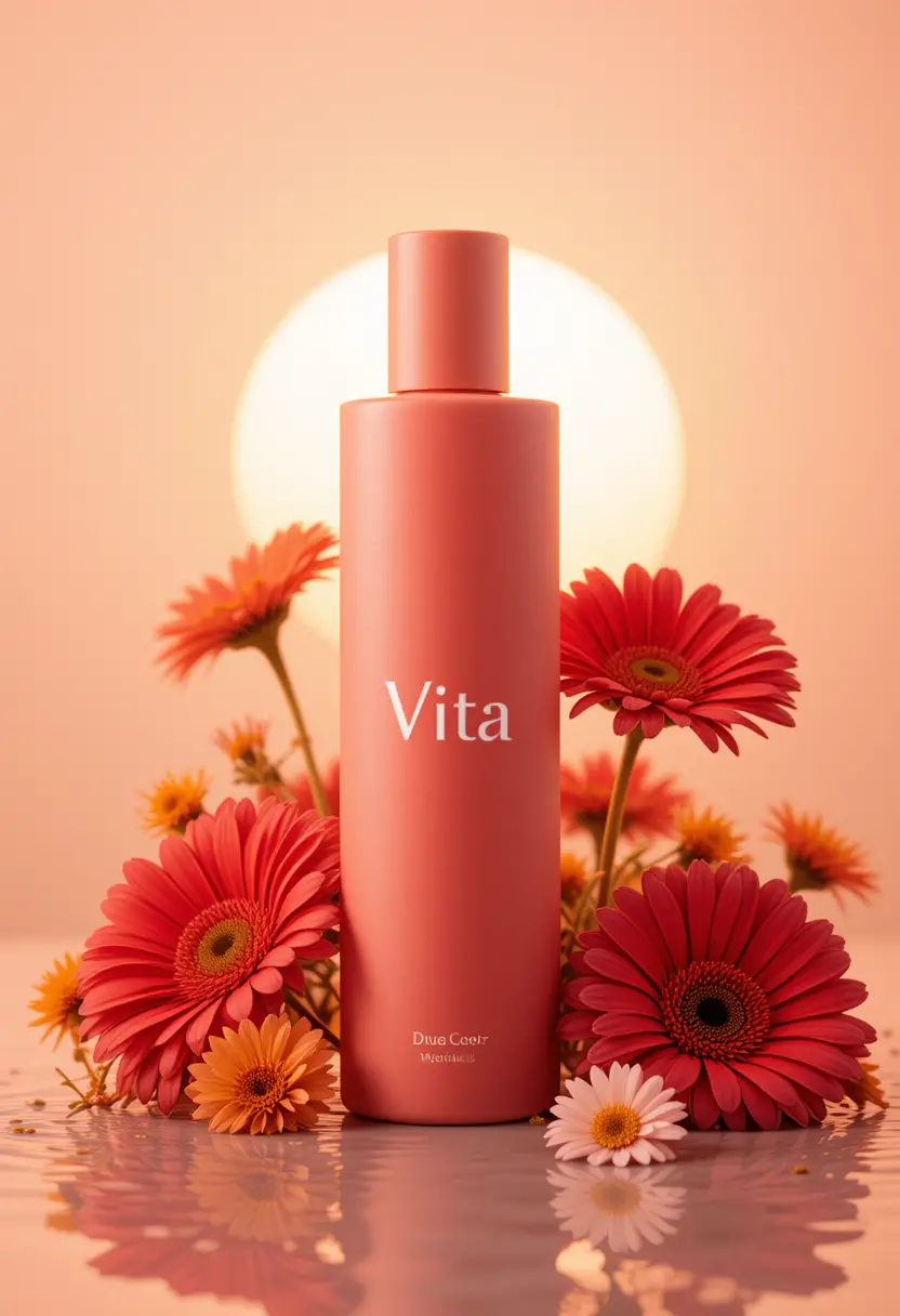 Coral glass bottle with flowers on soft peach background