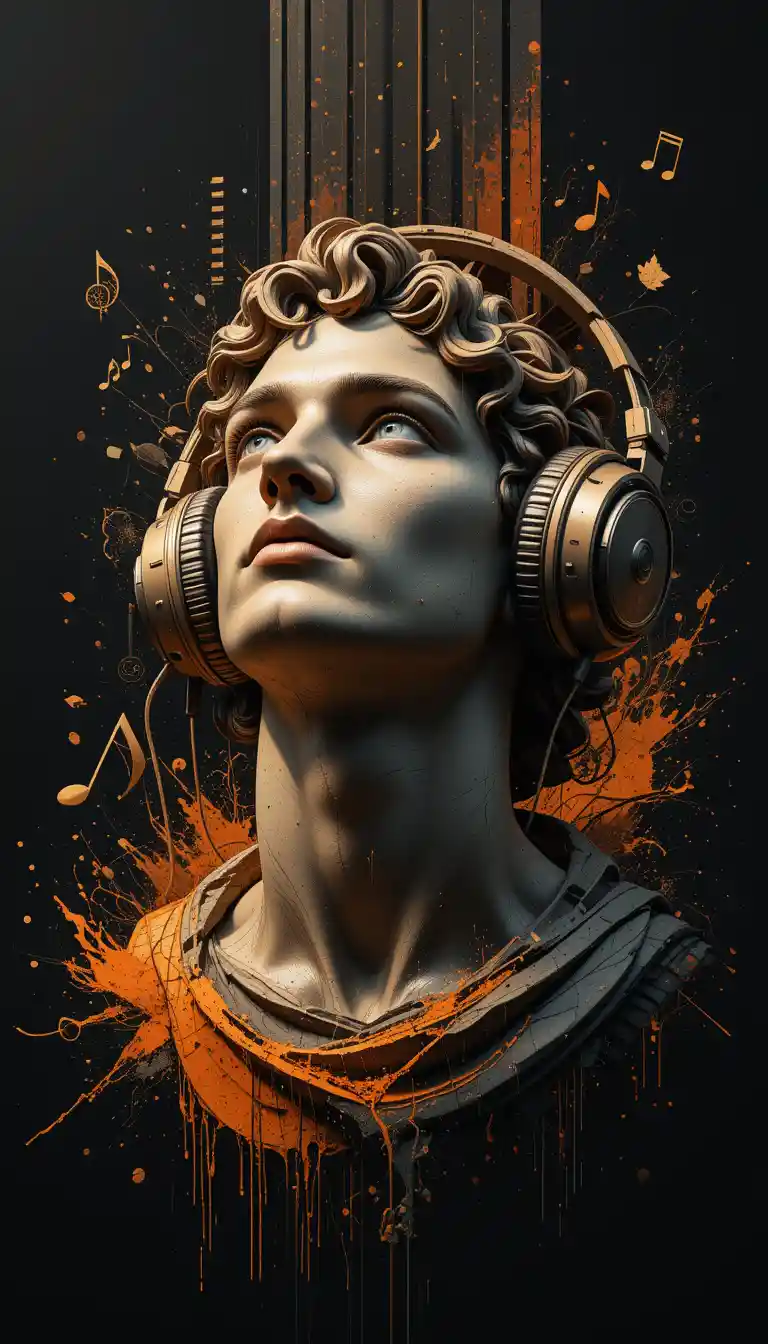 Stylized male bust with headphones in musical abstraction
