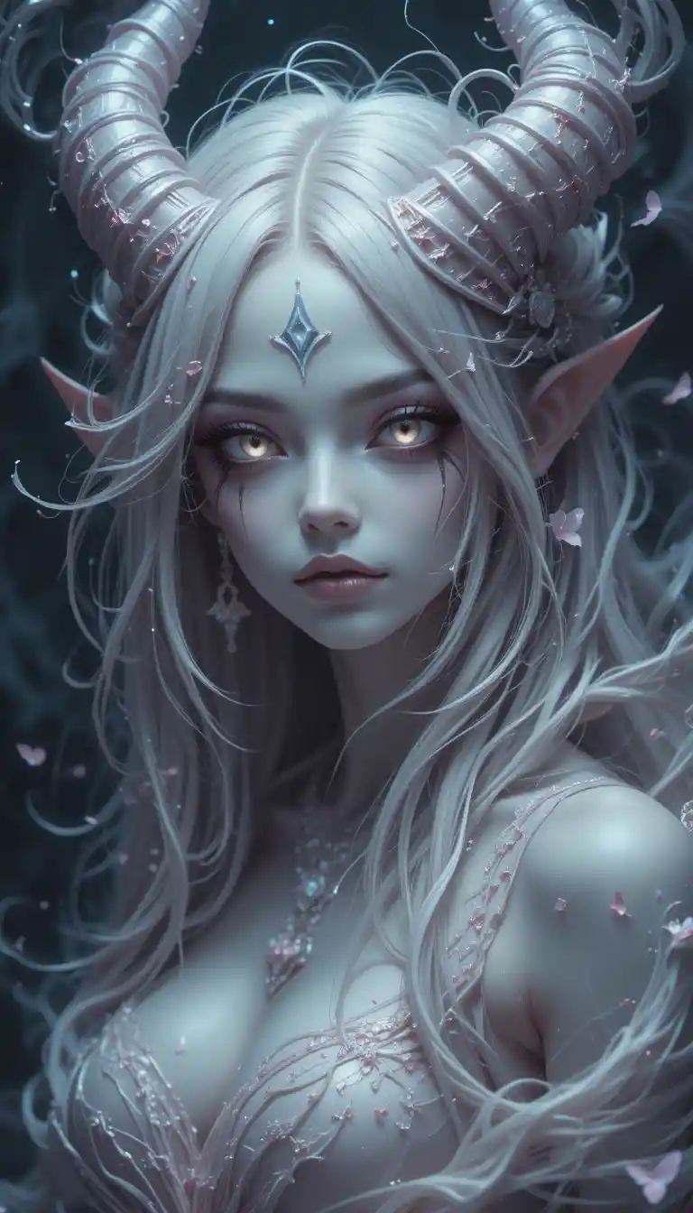 Anime demon girl with mysterious dark swirling background