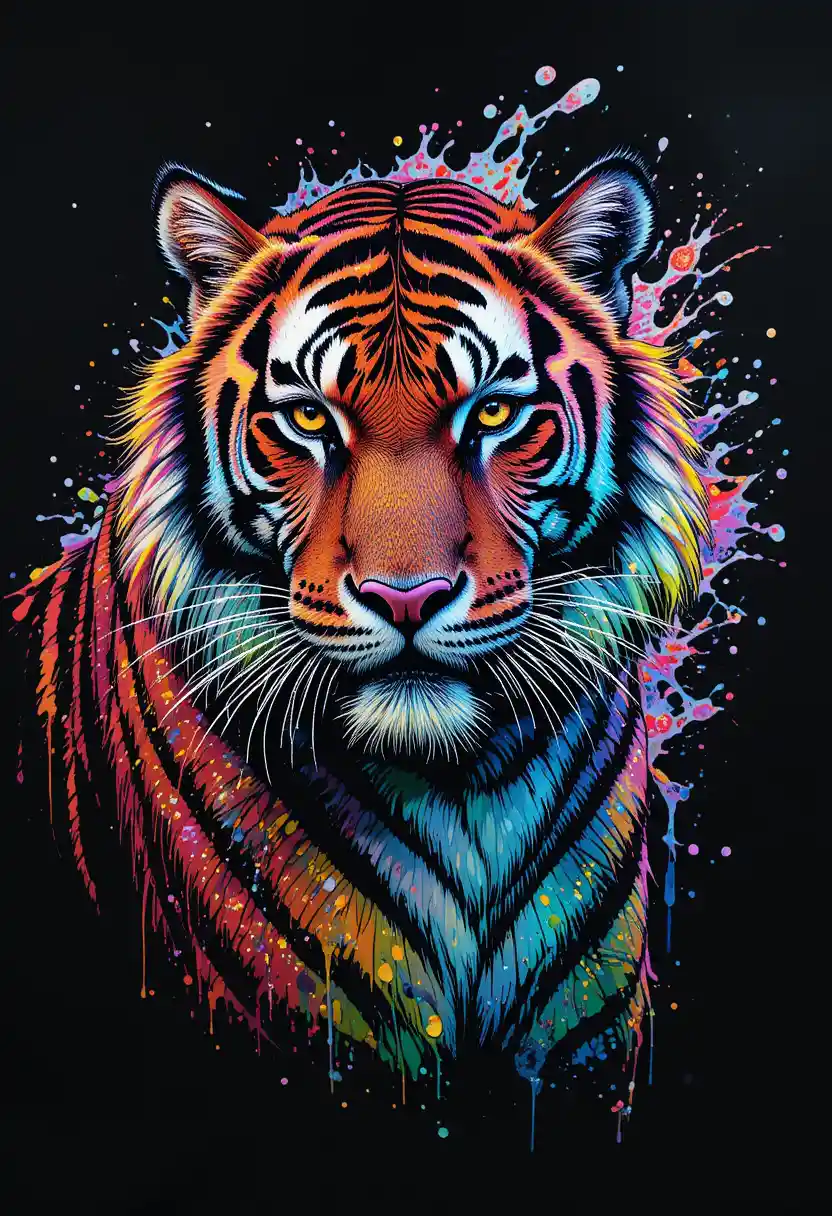 Majestic Tiger Portrait In Neon Ink Illustration