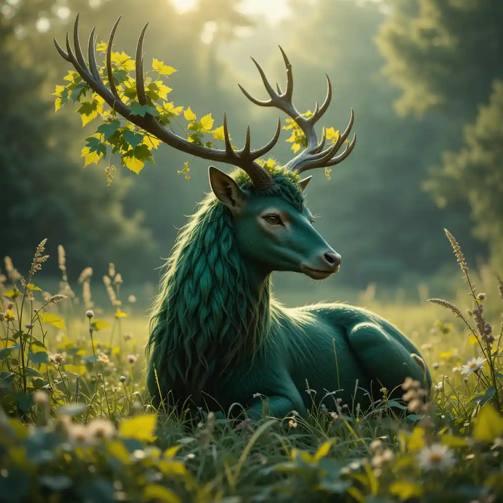 Mythical green stag resting in a sunlit meadow